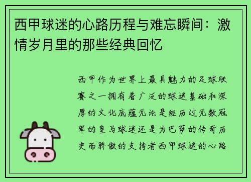 西甲球迷的心路历程与难忘瞬间:激情岁月里的那些经典回忆 西甲球迷的心路历程与难忘瞬间:激情岁月里的那些经典回忆