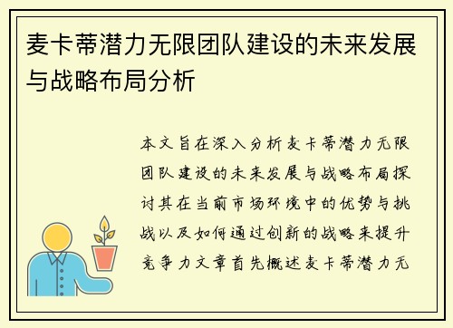 麦卡蒂潜力无限团队建设的未来发展与战略布局分析 麦卡蒂潜力无限团队建设的未来发展与战略布局分析